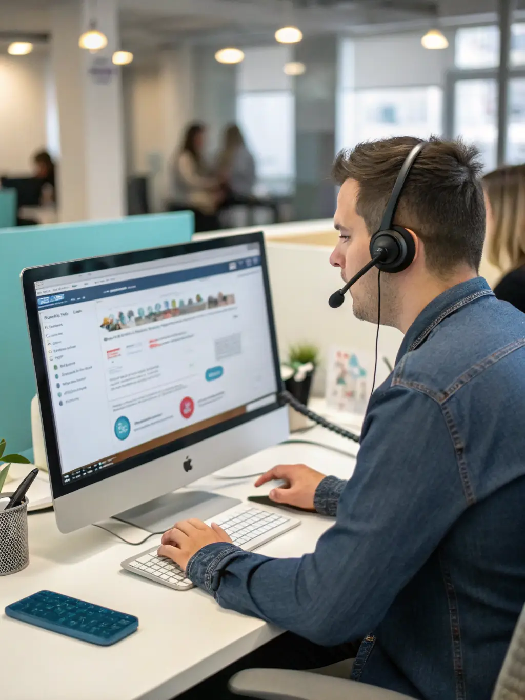 An image of a call center agent using a dialer system with a contact list on screen, representing the dialer database.